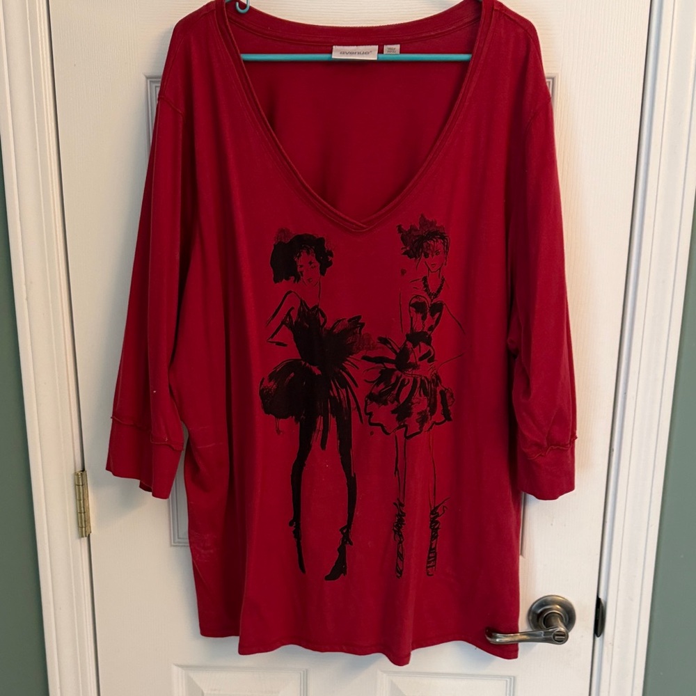 Avenue Red V-Neck Tunic with Black Dancer Print